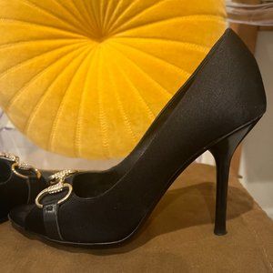 Gucci   Satin Peep Toe Stiletto  with Rhinestone Encrusted Bit    7.5  M